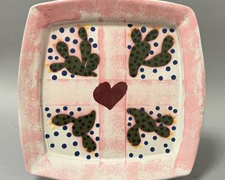 Stephen Kilborn Art Pottery Taos Cactus & Hearts Plate, Signed 