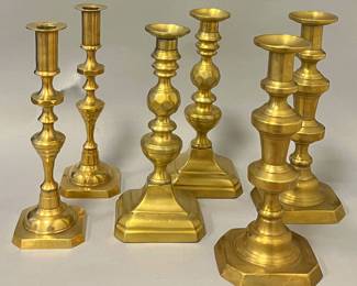 Selection of Antique English Brass Candle Holders, sold by the pair 