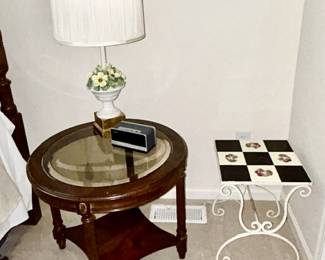Glass top wood side table, metal/tile top stand, Vintage lamp