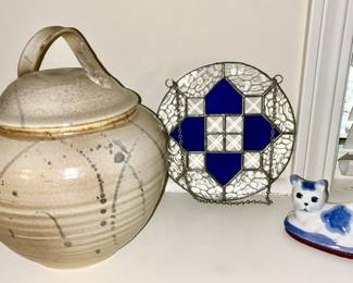Pottery covered jar, leaded clear/cobalt blue sun catcher, cat figurine