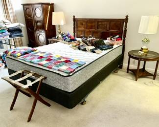 Queen size bed, Henredon headboard, mattress & box spring, round side table w/ beveled glass top