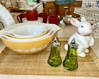 Vintage Pyrex nest of bowls, vintage green salt & pepper (SOLD), bunny decor