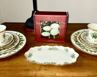 Lenox "Holiday" china, two 5 piece settings, scalloped tidbit tray,  set of 4 party plates in box