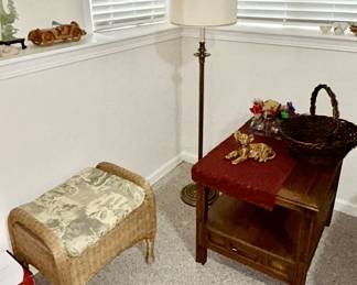 Woven ottoman, vintage side table, brass floor lamp