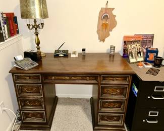 Vintage desk, vintage brass lamp, University of Illinois collectibles