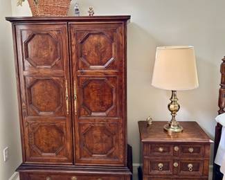 Henredon armoire and side table, brass lamp