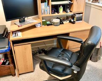 Desk with good storage, desk chair, Dell computer system, computer speakers, 