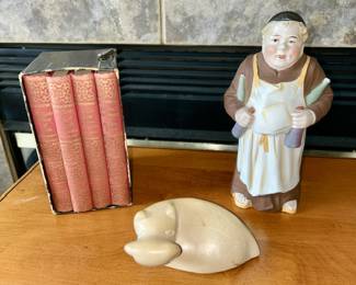 Vintage for volume music book set, carved Kenya animal, porcelain decanter from Germany (removable hat)