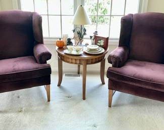 Pair of wine colored chairs, side table (matches sofa table & coffee table)