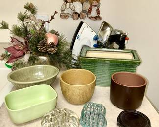 Vintage planters (a couple are Haeger), flower frogs, 2 irons, etc.