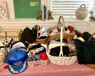Sewing boxes, hats, socks, scarves, hankies, etc.