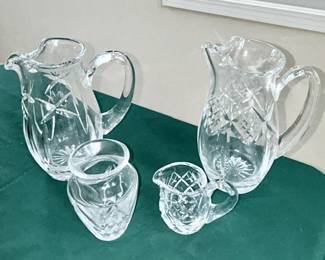 Signed Waterford Crystal pitchers,   small vase and creamer
