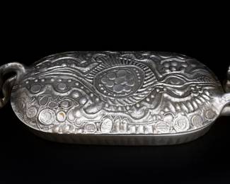 Vintage Donald Drumm Mid-Century Modern Aluminum Covered Casserole Dish / Tureen.  Fantastic Wonderful Brentwood Estate Sale located in a 5,000+ sqft home located off Granny White Pike Road near Murray Lane — Brentwood, TN — Vintage Jewelry, Clothing, Purses, Collectibles —Only minutes from Nashville Tennessee, Franklin, Cools Springs, Belle Meade, Green Hills, Governors Club, Nolensville, Spring Hill, Columbia, Murfreesboro, Smyrna, Berry Hill. 
