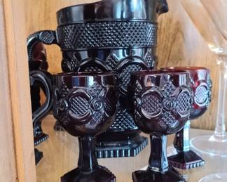 RUBY GLASS PITCHER AND GLASSES