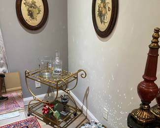 Fun bar cart and vintage botanical prints.