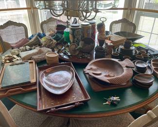 Serving dishes, trays, antiques, table linens (dining table pictured also for sale)