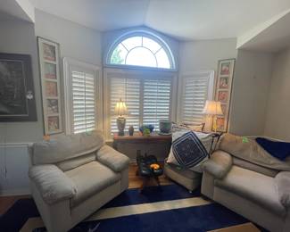 Chairs, lamps, pictures, antique camel seat