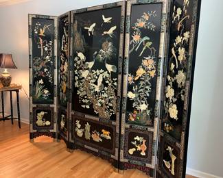 Stunning 8 foot by 6 foot screen. Semi precious stone work. From one of her China trips. 