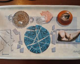 Google “Tucker Bobst” and you will learn that his work hangs in both the Bush AND Clinton presidential libraries!  Painted as a gift for his nephew (our client), this beautiful signed and dated vintage TV tray displays his world renowned surrealist talents!  $300.