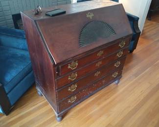 Late 1700’s New England secretary in pristine original condition!  This is, by far, the most significant item in the sale, one of the most significant items we’ve ever seen.  Everything about this piece screams early American craftsmanship, from the hand carved detailing, to the hand cut solid brass hardware.  Even if you don’t have the pockets, you owe it to yourself to come see this incredible piece of history in person.  40x20x41.5  Priced to run out the door to its new home!  $6,000.