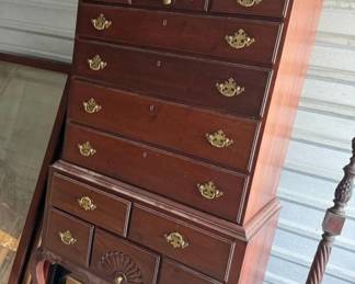 Late 1700’s New England tall boy chest, needs just a touch of love.  Second in fabulousness only its "sister" (*) secretary, here is another incredible piece of American history!  All of same old world craftsmanship, all original condition, and of course original hardware.  The ONLY issue with this piece is one leg that is broken right where it engages the bottom chest (which we didn’t notice until we moved it out of storage Wednesday morning.)  Price reflects this minor flaw.  $6,000, or buy the pair for $10,000.