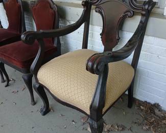 Here's yet another opportunity to own a piece of history, with this mid-1800’s armed parlor chair in great condition.  All hand carved, faithfully reupholstered in the 80’s.  There is a crack on the back side of the top rail where it engages the left arm, but that’s an easy fix.  Price reflects this minor flaw.  $300.