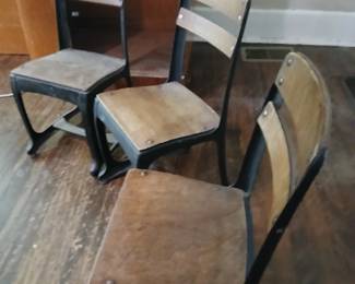 READ CAREFULLY!  This piece is NOT part of the walk-in sale advertised with this listing.  This is a piece I have available at another Midtown Memphis location.  Serious prospective buyers will get a personal viewing any time after the hours of this sale (Fri & Sat after 2:00 and all day Sun.)

Are these not the most adorable little school chairs you've ever seen! Early 20th Century, pressed steel and stained wood, all original finishes! Each chair is 11-1/2 in wide, the seat bottoms are at 13 in, and the total height of the back is 25 in. $25 each, or all three for $60. 

