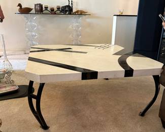 Postmodern Tavolo oggetti style marble and brass inlay coffee table 38 x 38 x 17 1/2