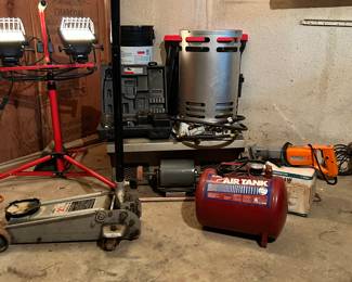 propane heater, floor jack, air tank, sawzall, floor shop lights