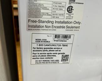 Samsung Refreigerator, Model N
RF4267HARS, MADE IN SEPTEMBER 2012