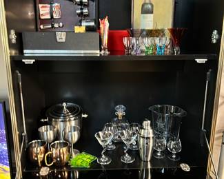 Barware, shaker, martini glasses, cups, shot glass set, ice buckets