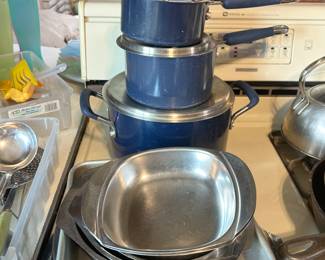 Kitchen Aid blue pot set, 3 pots with lids