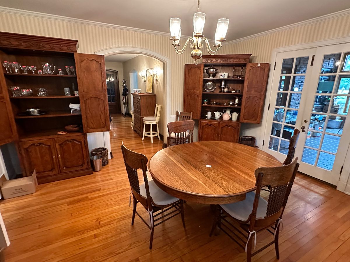 Antique table and chairs, one left, 4 chairs
Two nice wood cabinets