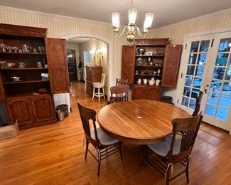 Antique table and chairs, one left, 4 chairs
Two nice wood cabinets