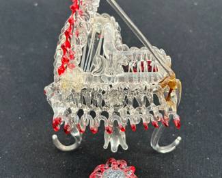 Rare Vintage Hand Spun Blown Glass Mini Piano And Stool With Red Details