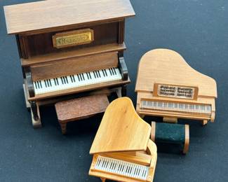 Vintage Mini Wooden Piano Music Box, Grand Piano Toy Taiwan 1970s With Wooden And Velvet Bench And Small Wooden Piano