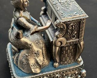 Vintage Sankyo Woman Playing Piano Music Box, Hidden Compartment Made Of Pewter-Like Material And Fabric