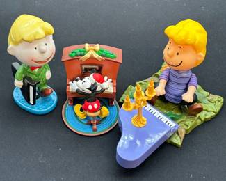 1999 Mickey Mouse Piano Player We Wish You A Merry Christmas Music Box, Vintage Schroeder Carrying His Piano, and Memory Lane Peanuts the Great Pumpkin Schroeder Action Figure