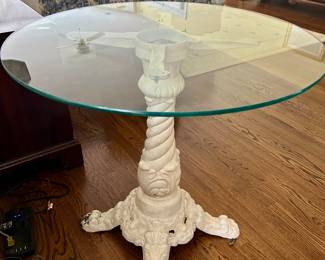 43” round glass top table with iron pedestal