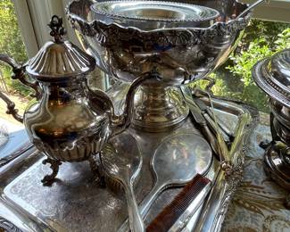 Lots of silver plate pieces & antique sterling dresser set