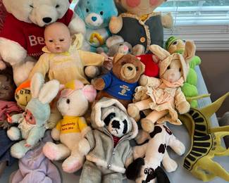 Vintage stuffed animals and dolls