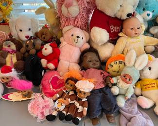 Vintage stuffed animals and dolls