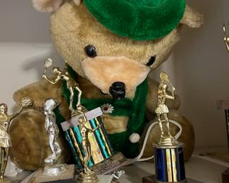 German bear with lederhosen and his trophies