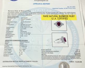 PLATINUM RUBY & DIAMOND RING,  SIZE 7, RARE BURMESE RUBY G.I.A. CERTIFIED, 2.27cts RUBY, 0.57cts DIAMONDS, 6.5g TOTAL WEIGHT, AIGL APPRAISAL $11,323.00, 