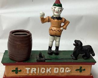VTG. CAST IRON TRICK DOG BANK, 8.5
