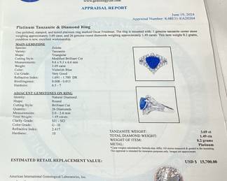 PLATINUM TANZANITE & DIAMOND RING, SIZE 7, 3.69cts TANZANITE, 1.49cts DIAMONDS, 8.2g TOTAL WEIGHT, AIGL APPRAISAL $15,700.00