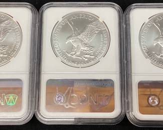 (3) 2021 SILVER AMERICAN EAGLES EAGLE LANDING T-2, EARLY RELEASES, GRADED MS70, NGC,