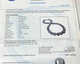 TAHITIAN PEARL NECKLACE, 14KT WHITE GOLD BEAD CLASP, 18’’ L, 91.5g TOTAL WEIGHT, AIGL APPRAISAL $5,870.00, 