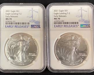 (2) 2021 SILVER AMERICAN EAGLES EAGLE LANDING T-2, EARLY RELEASES, GRADED MS70, NGC, 