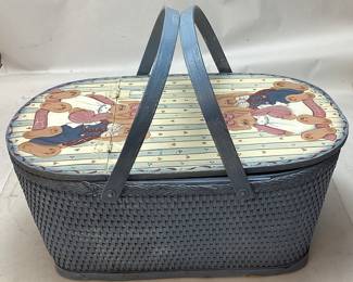 BLUE PICNIC BASKET, BUNNY DECORATED TOP,